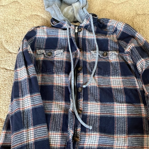 Hollister women size small zip up flannel with hood colors red and navy - Picture 5 of 9
